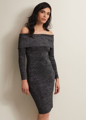 Phase Eight Heidited Bardot Dress Black/Silver Australia | GO6453187